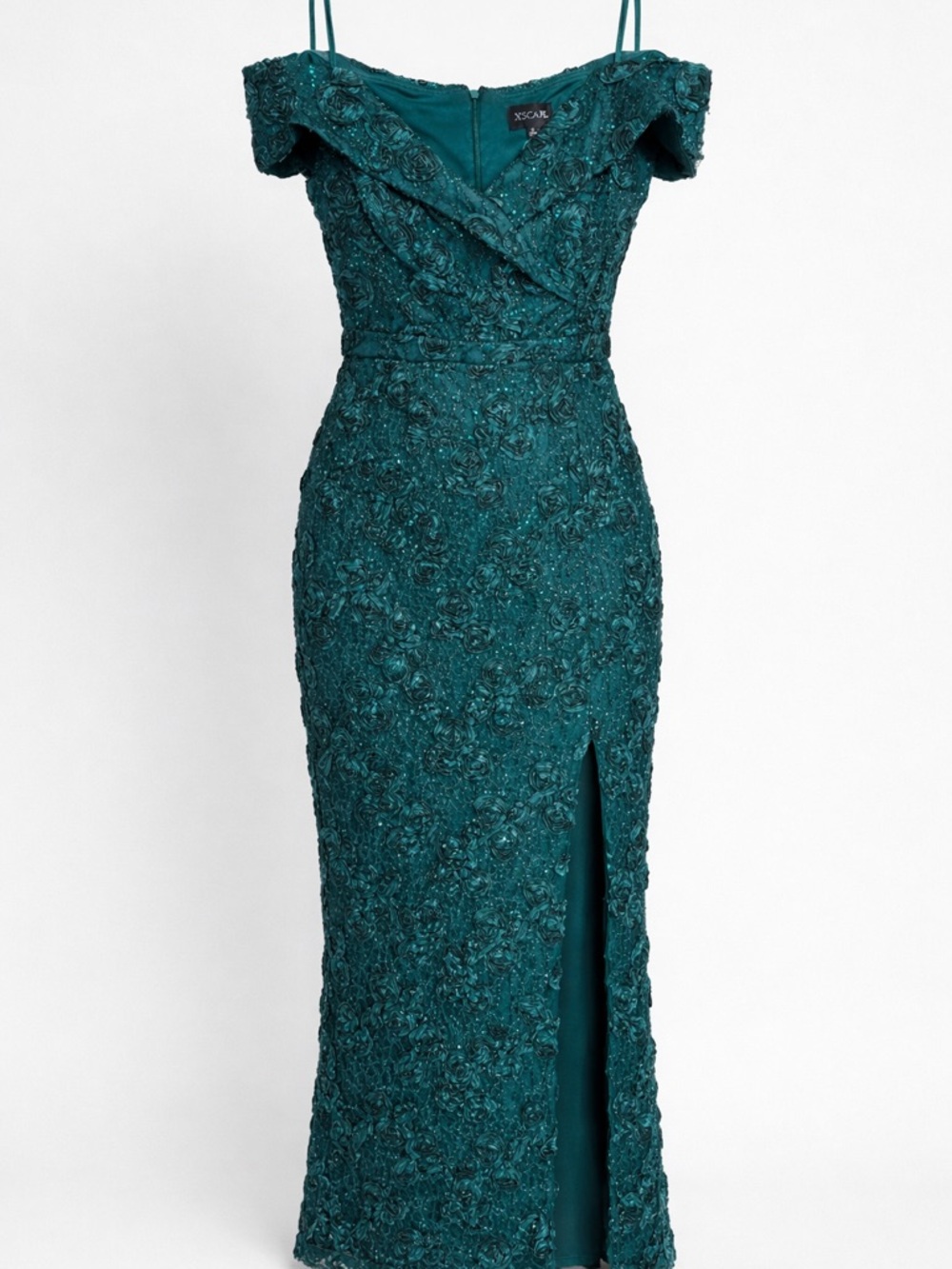 Xscape Teal Off-Shoulder Beaded Evening Gown